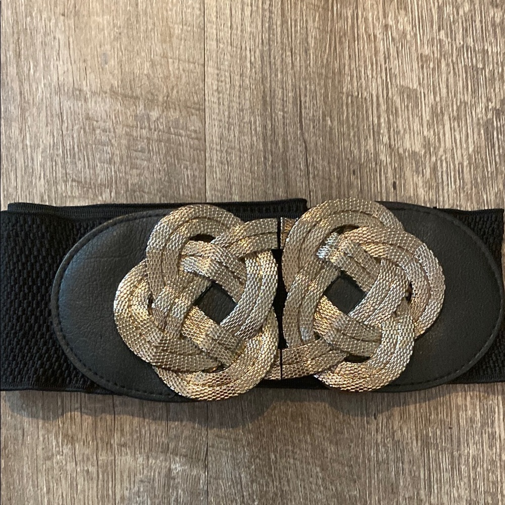 Black Stretch Waist Belt with Gold Knot Accent